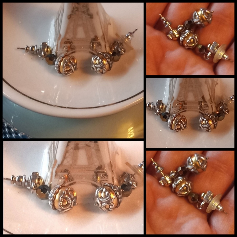 Gold & Silver Drop Earrings with Crystal on Top Tier